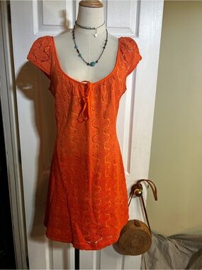 Trina Turk Wms Orange Cotton Crochet Boho Resort Summer Cap Sleeve Mini Dress 10